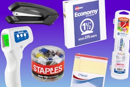 Staples Clearance Sale: $1.89 Contactless Thermometer, $0.49 Stapler, More card image