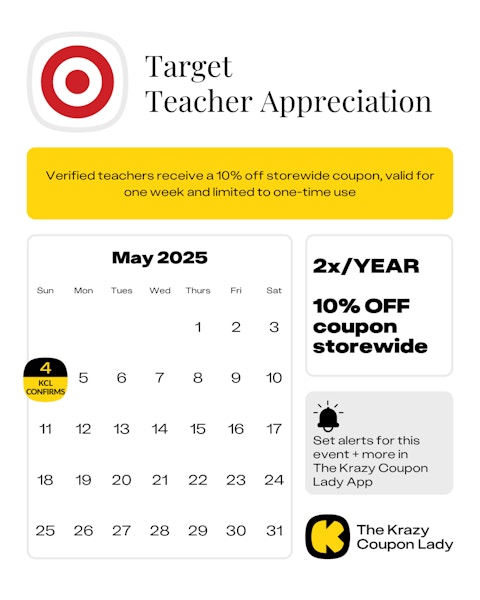 Calendar graphic of Target Teacher Appreciation that starts on May 4 2025