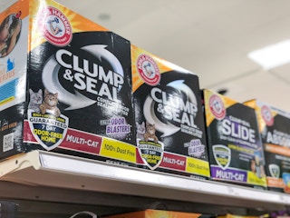 cat litter in  boxes on a store shelf