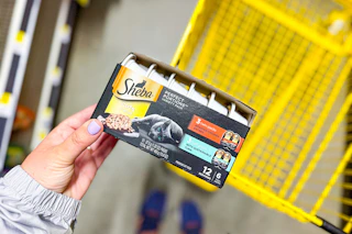 hand holding a sheba wet cat food multipack