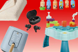 BH&G cream colored blanket, cornflower blue air fryer, black earbuds, little tikes water table, and bluey set