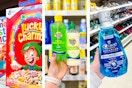 collage image of lucky charms cereal, banana boat aloe, and crest mouthwash