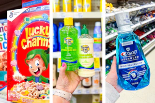 collage image of lucky charms cereal, banana boat aloe, and crest mouthwash