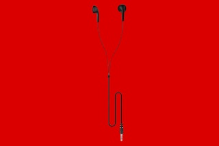 black ear buds on a red background
