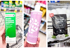 collage with shampoo, lens solution, and cotton balls