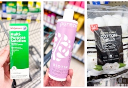 collage with shampoo, lens solution, and cotton balls