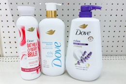 three dove body washes on a store shelf