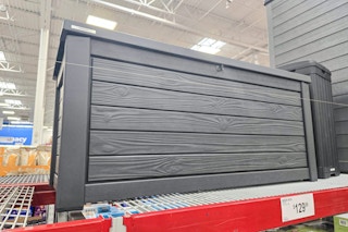 keter deck storage box on a shelf at sams club