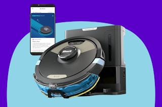 Shark Robot Vacuum & Mop Combo on a blue background.