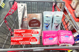 covergirl makeup, colgate toothpaste, degree deodorant, and carefree liners in a cart
