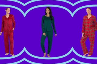 Red and green women's pajama sets over purple/blue background