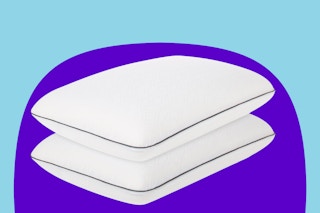 Stock image of a Sealy memory foam pillow 2-pack over blue background