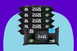 DUDE Wipes - Flushable Wipes - 6 Pack, 288 Wipes, on a blue background.