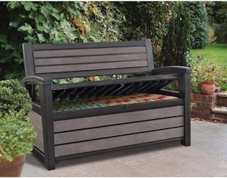 a keter deck box storage bench on a patio