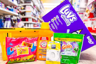 dollar general groceries next to yellow basket