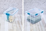 2 lifestyle images of Sterlilite storage bins (20 quart and 80 quart)