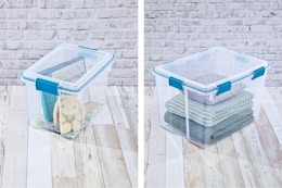 2 lifestyle images of Sterlilite storage bins (20 quart and 80 quart)