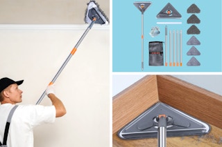 A man cleans the ceiling with the long-handled mop, pieces of the mop, the mop in a corner