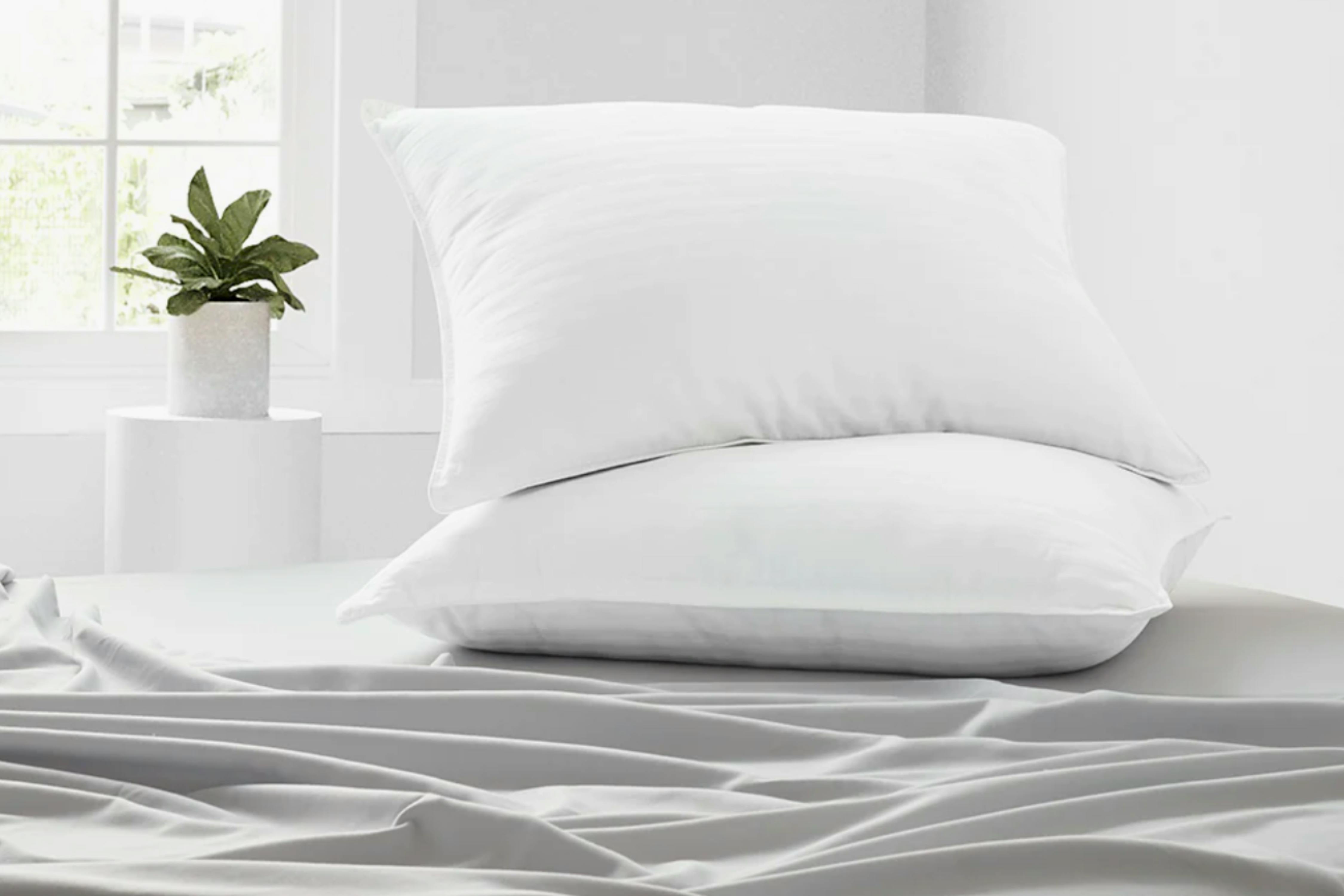two queen pillows in white bedding