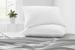 two queen pillows in white bedding