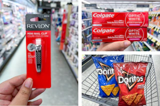 walgreens colgate, revlon, doritos 3-photo collage