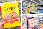 collage image of cheerios cereal, neutrogena makeup wipes, and aveeno body wash