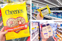 collage image of cheerios cereal, neutrogena makeup wipes, and aveeno body wash