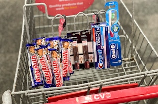 baby ruth, covergirl, crest, and oral-b in cvs shopping cart