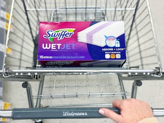 swiffer wet jet mop pad refills in a walgreens cart