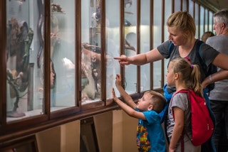 Mother and two kids looking at a museum exhibition. Mother is pointing at the object inside.