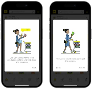 Two phones, each showing a graphic from the Dollar General app showing how the Cart Calculator works