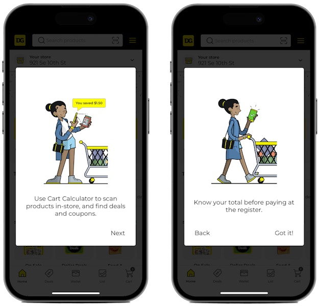 Two phones, each showing a graphic from the Dollar General app showing how the Cart Calculator works