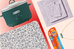 Crockpot slow cooker, Room Essentials bath rug, Room Essentials sheets, Tide to go pen, Kendra Scott necklace