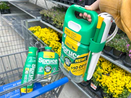 hand holding bottle of spruce weed and grass killer on walmart cart