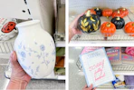 pumpkins, book storage, and ceramic vase side by side