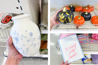 pumpkins, book storage, and ceramic vase side by side