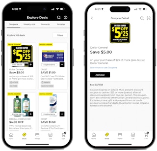 Two phones showing coupons on the Dollar General app