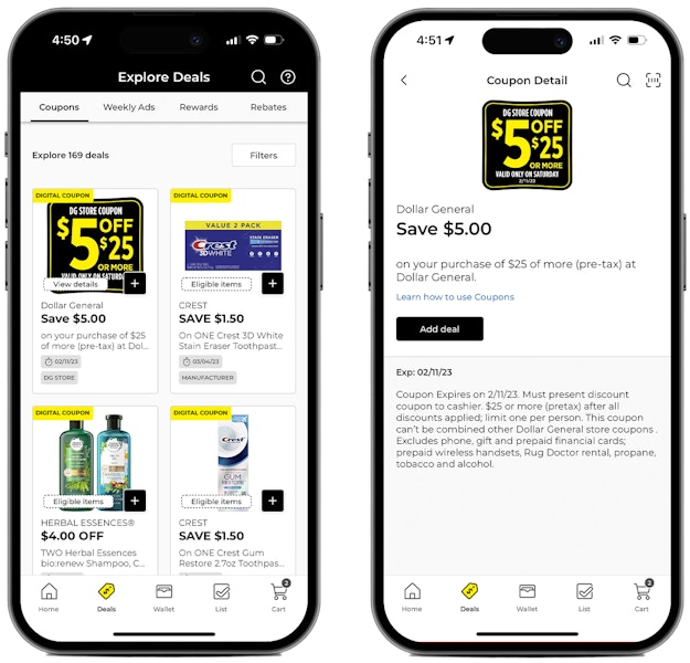 Two phones showing coupons on the Dollar General app