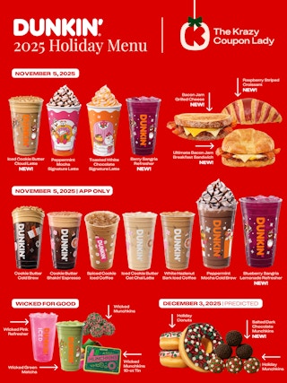 a graphic showing the dunkin holiday menu drinks and treats in 2025