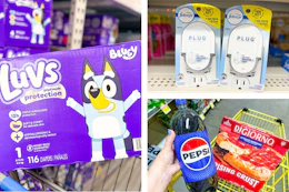 dollar general pampers, febreze, digiorno, pepsi 3-photo collage