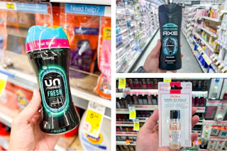 walgreens sally hansen, downy, axe 3-photo collage