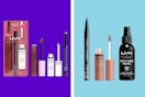Two different NYX makeup kits on a purple and blue collage background. 