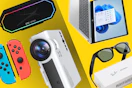 Altec speaker, switch remotes, projector, HP laptop, Rayban Meta glasses