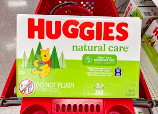 Huggies Natural Care Sensitive and Fragrance Free baby wipes in a Target shopping cart