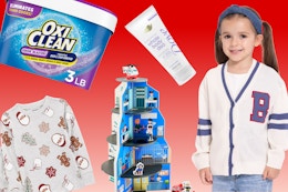 OxiClean powder, Dove deodorant, Carter's toddler pajamas, Bluey toddler cardigan, wooden playset