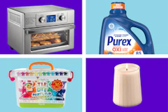 silver air fryer, Purex deterget, tie dye party tub, and white candle