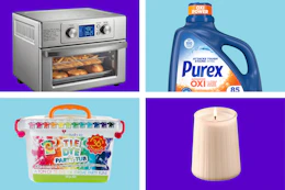silver air fryer, Purex deterget, tie dye party tub, and white candle