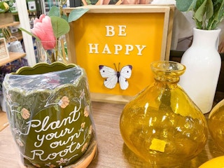 farmhouse decor on shelf