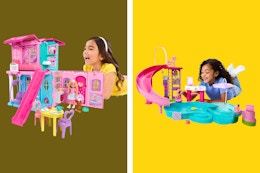 2 Barbie playsets: Chelsea Pop-Up Doll House & Pool Playset with Slide/Hot Tub