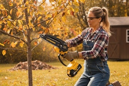 a woman using a mini chainsaw on a tree